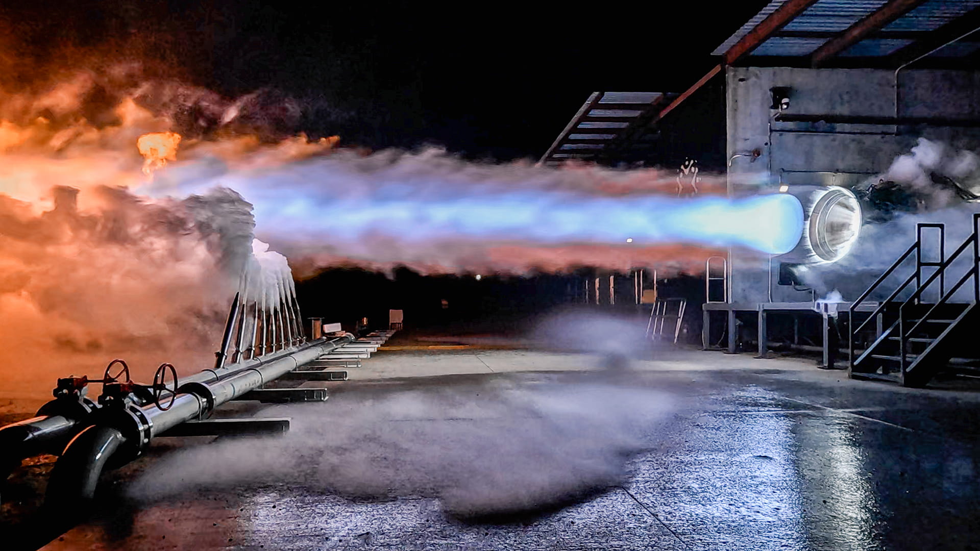Photo shows Rocket Lab’s Archimedes vacuum engine undergoing testing at NASA’s Stennis Space Center.