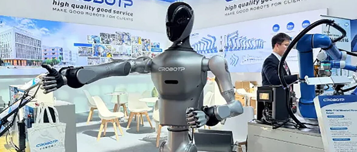 CRP’s RHM-T1W wheeled humanoid robot, on display at Hannover Messe 2026. Photo source: CRP Robot Technology.