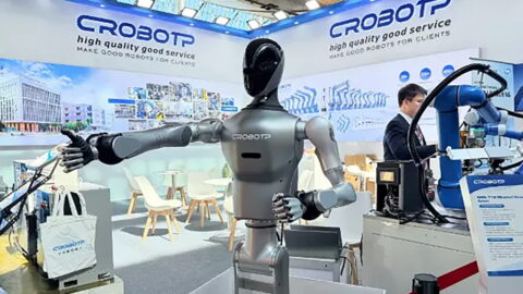 CRP’s RHM-T1W wheeled humanoid robot, on display at Hannover Messe 2026. Photo source: CRP Robot Technology.