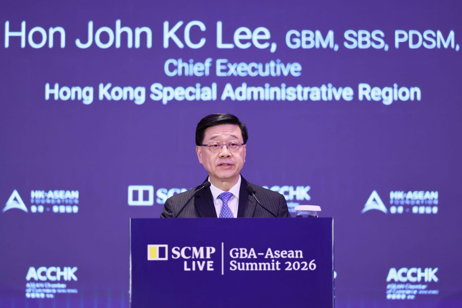 Hong Kong Chief Executive John Lee, speaking during the GBA-ASEAN Summit 2026 on June 29. Photo courtesy of SCMP.