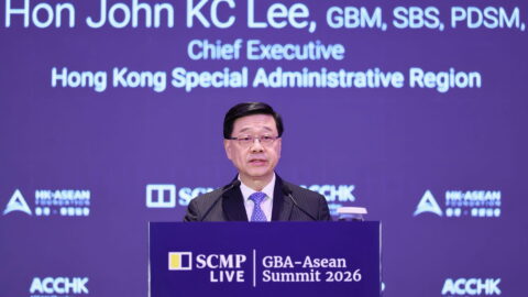Hong Kong Chief Executive John Lee, speaking during the GBA-ASEAN Summit 2026 on June 29. Photo courtesy of SCMP.