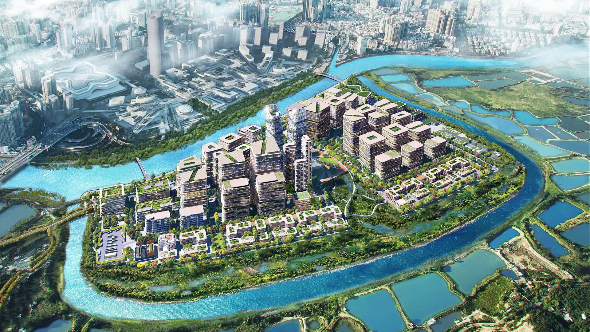 A rendering of the Hong Kong-Shenzhen Innovation and Technology Park (HSITP) at full buildout.