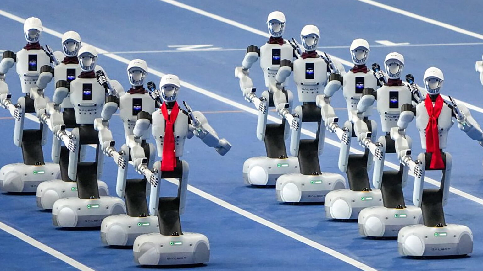 Galbot G1 robots deployed for the opening ceremony of the 2026 World Humanoid Robot Games. Photo source: Xinhua.