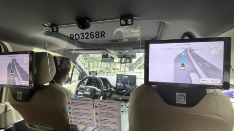 Interior of a Zig Driverless autonomous shuttle, operated by ComfortDelGro in partnership with Pony.ai. Photo by KrASIA.