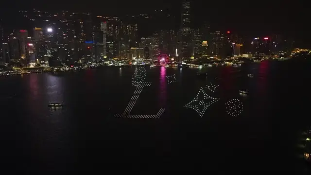 Graphic shows a drone show staged by Damoda in Hong Kong in partnership with luxury brand Louis Vuitton.
