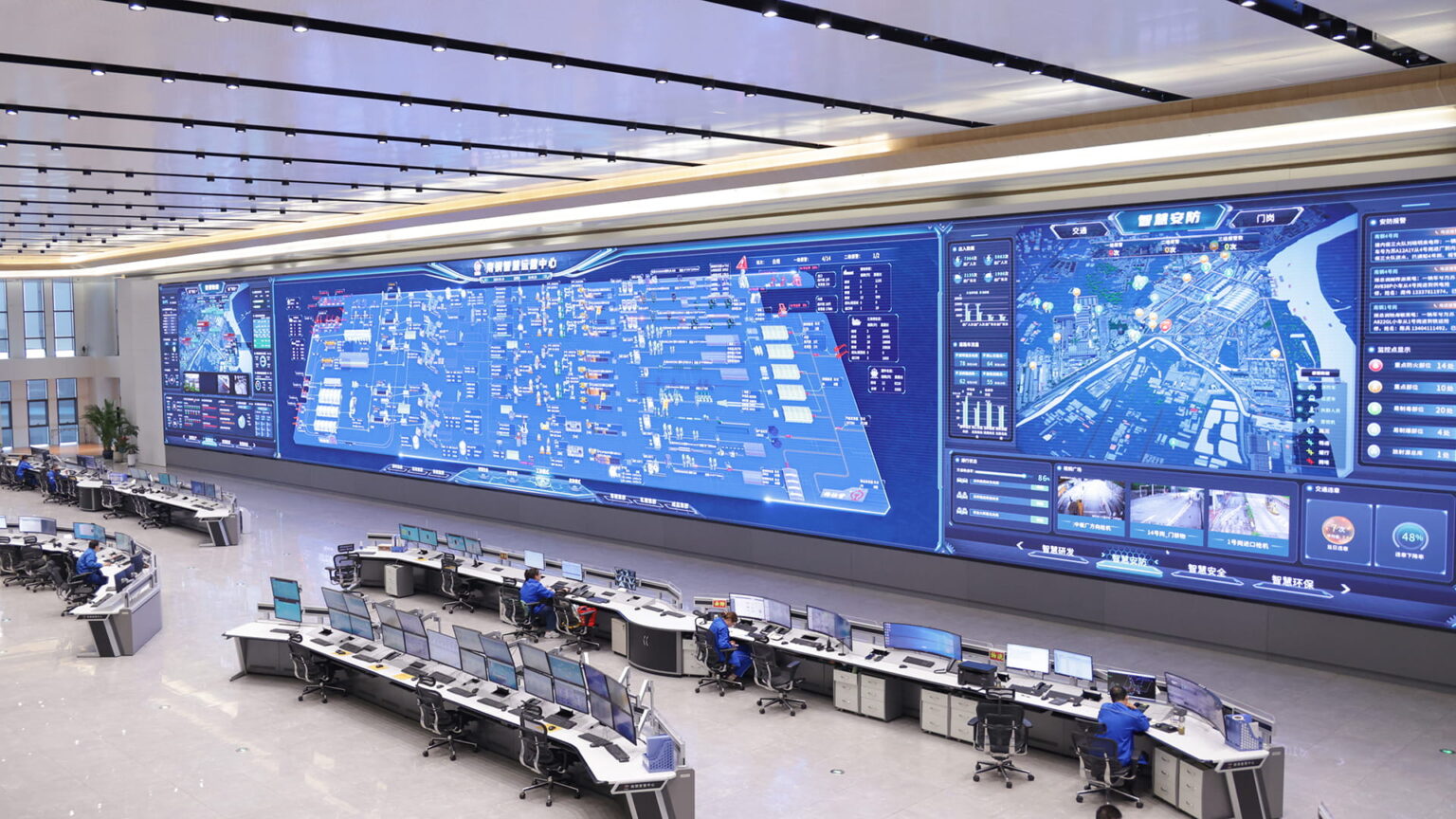 NISCO's intelligent operations center (pictured) uses digital twin technology to monitor steel production and plant operations. Photo courtesy of Huawei.